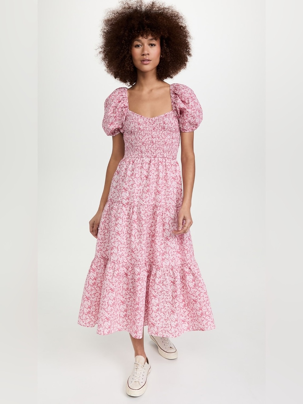 Moon River Shopbop Pink Floral Smocked Puff Sleeve Dress Sz M